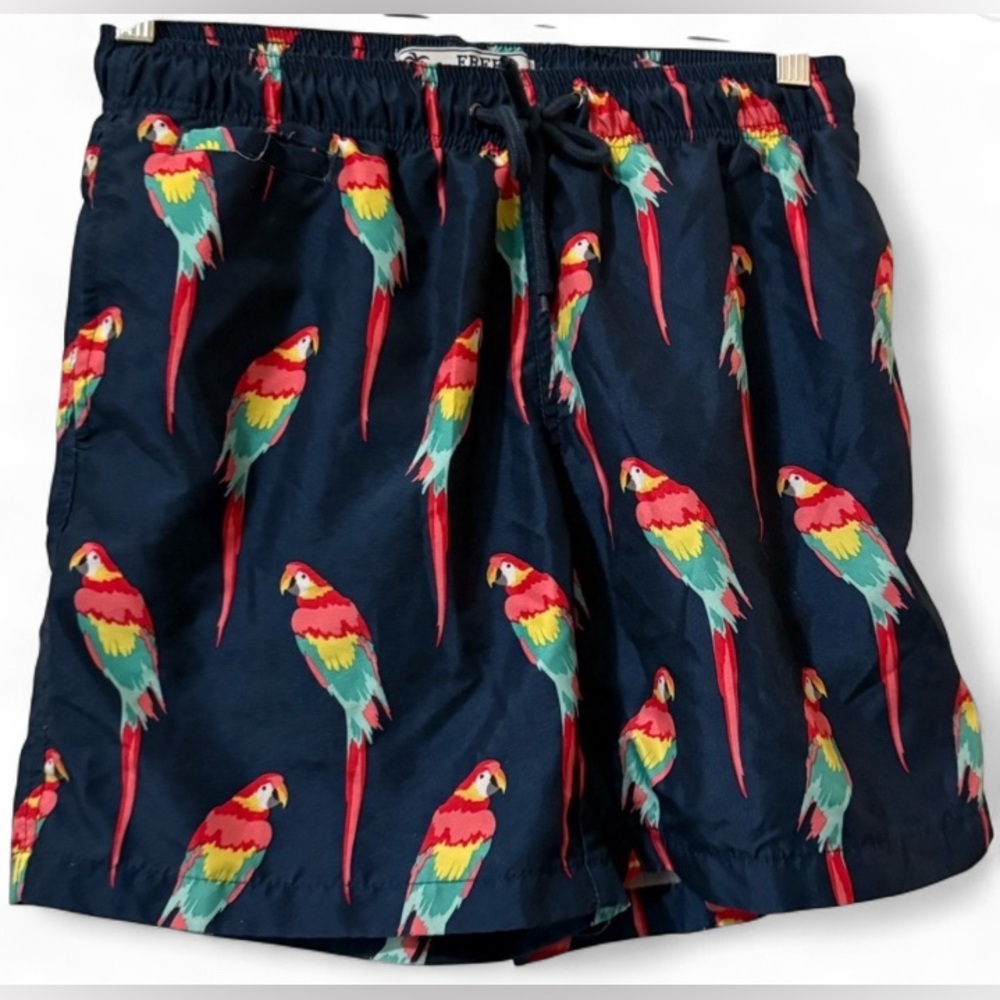 Free Planet Men’s Dark Blue Parrot Print Swim Trunks Size S Beach Shorts